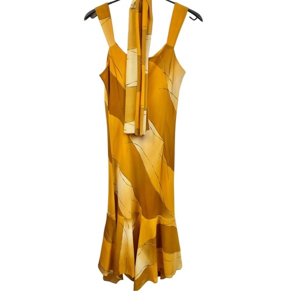 Vintage Sharon Max Mustard Printed Sleeveless Handkerchief Hem Maxi Dress Size L - Picture 2 of 6